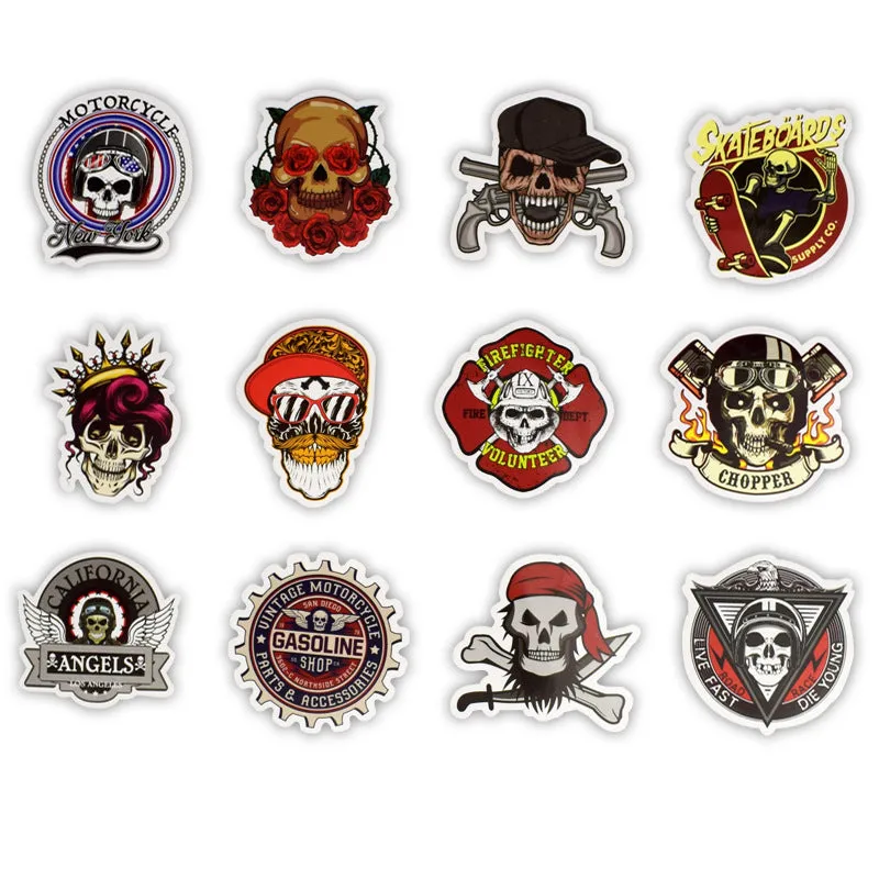 Skull head doodle sticker set of 50 machine-cut PVC waterproof decals in assorted sizes