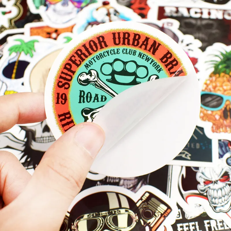Skull head doodle sticker set of 50 machine-cut PVC waterproof decals in assorted sizes