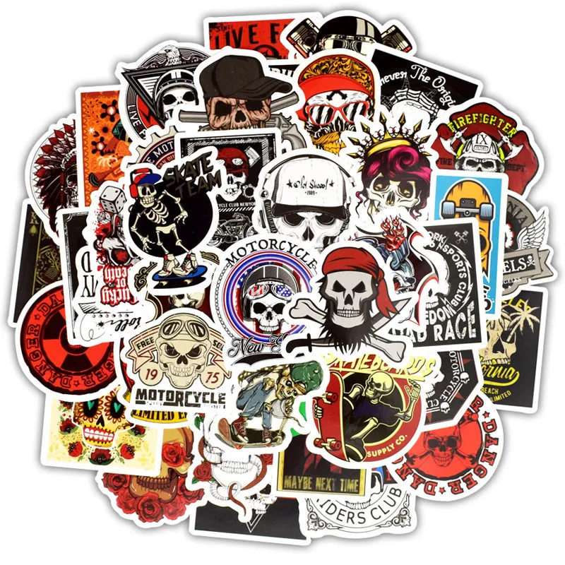 Skull head doodle sticker set of 50 machine-cut PVC waterproof decals in assorted sizes