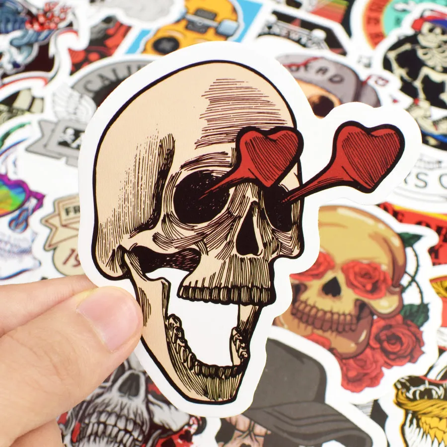 Skull head doodle sticker set of 50 machine-cut PVC waterproof decals in assorted sizes