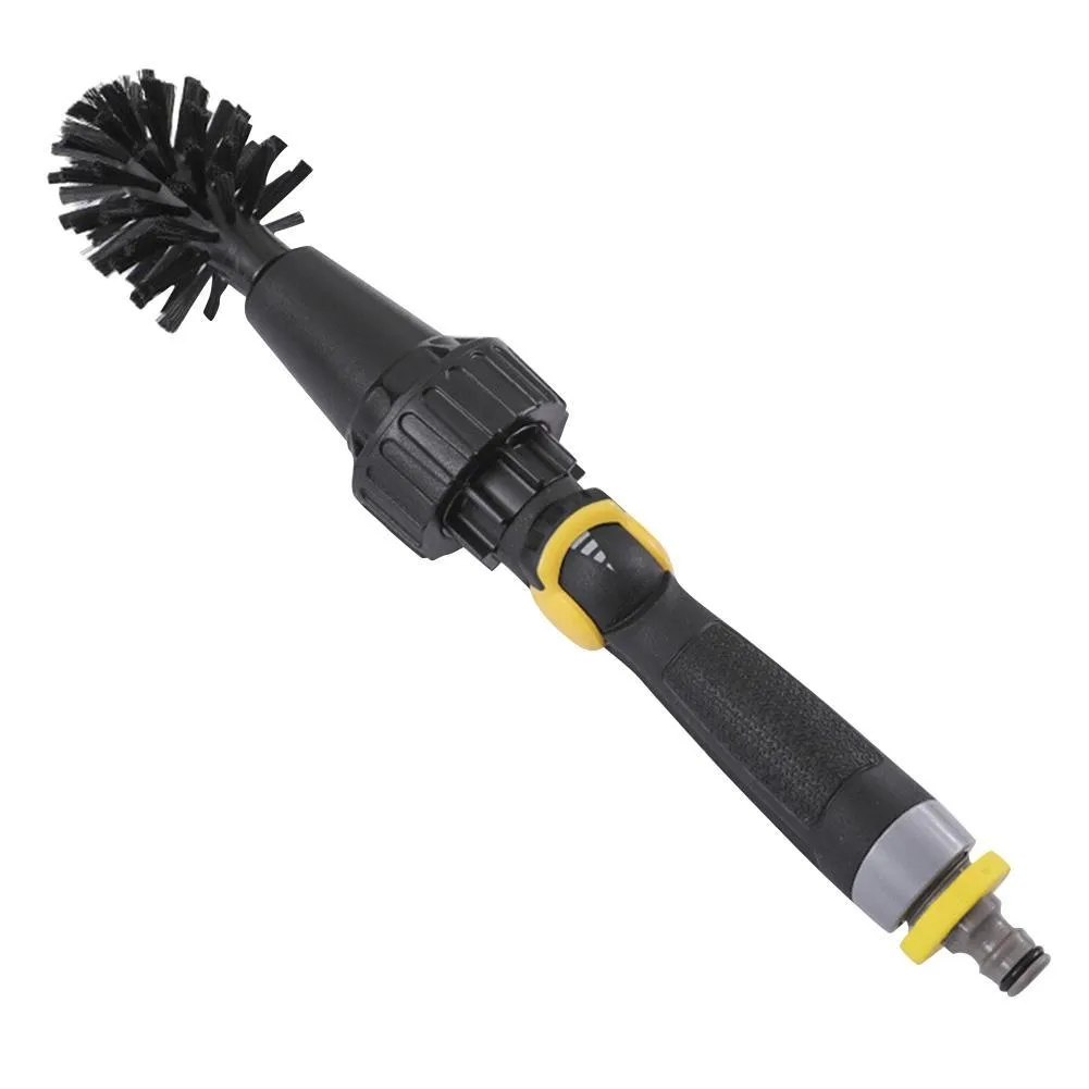 Black water-powered wheel brush 38cm long with soft and rigid brush heads connected to garden hose for tyre cleaning