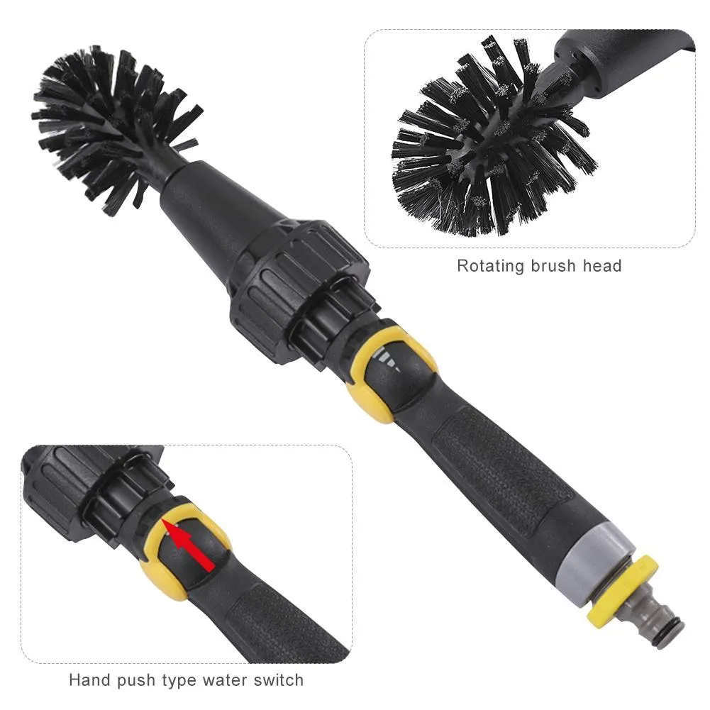 Black water-powered wheel brush 38cm long with soft and rigid brush heads connected to garden hose for tyre cleaning