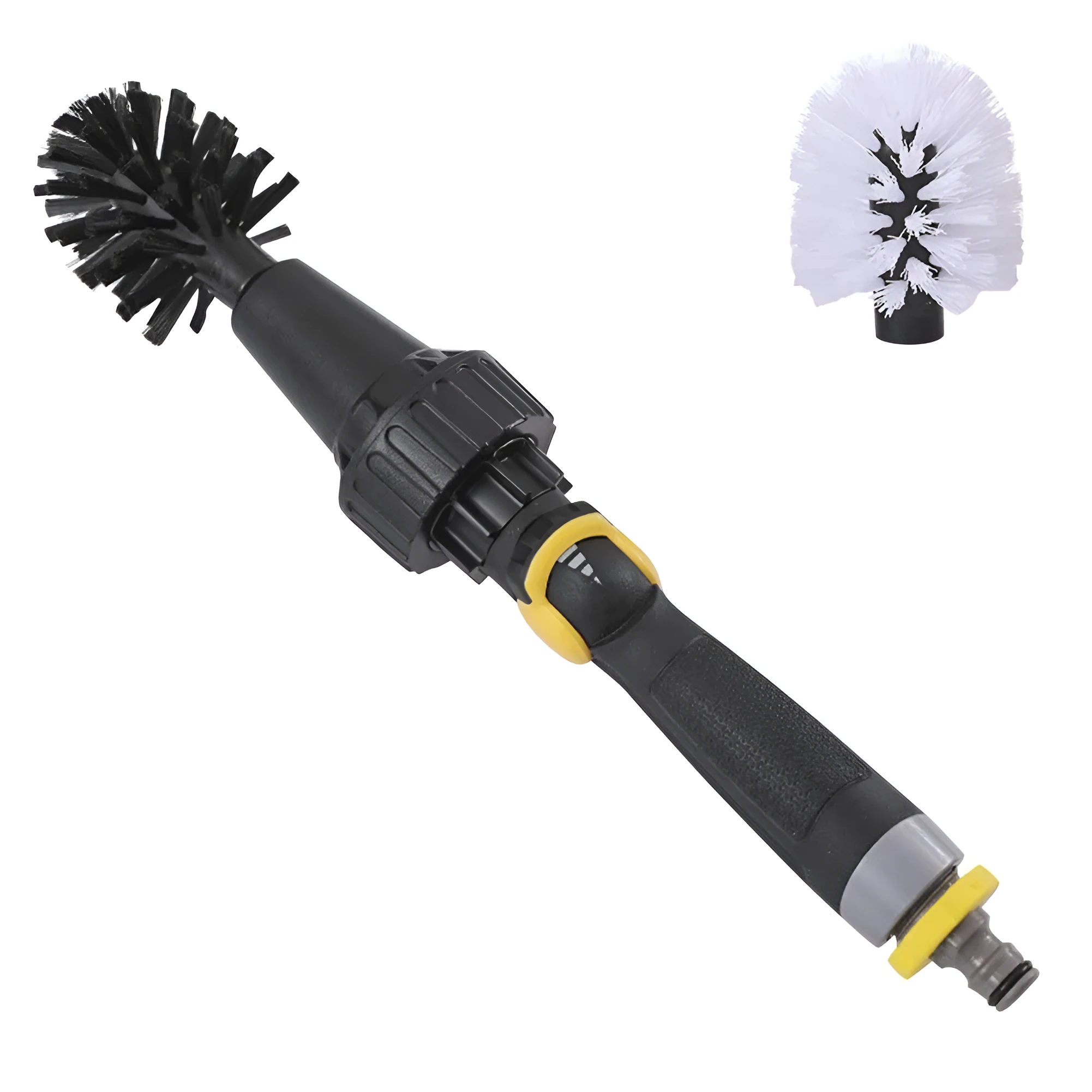 Black water-powered wheel brush 38cm long with soft and rigid brush heads connected to garden hose for tyre cleaning