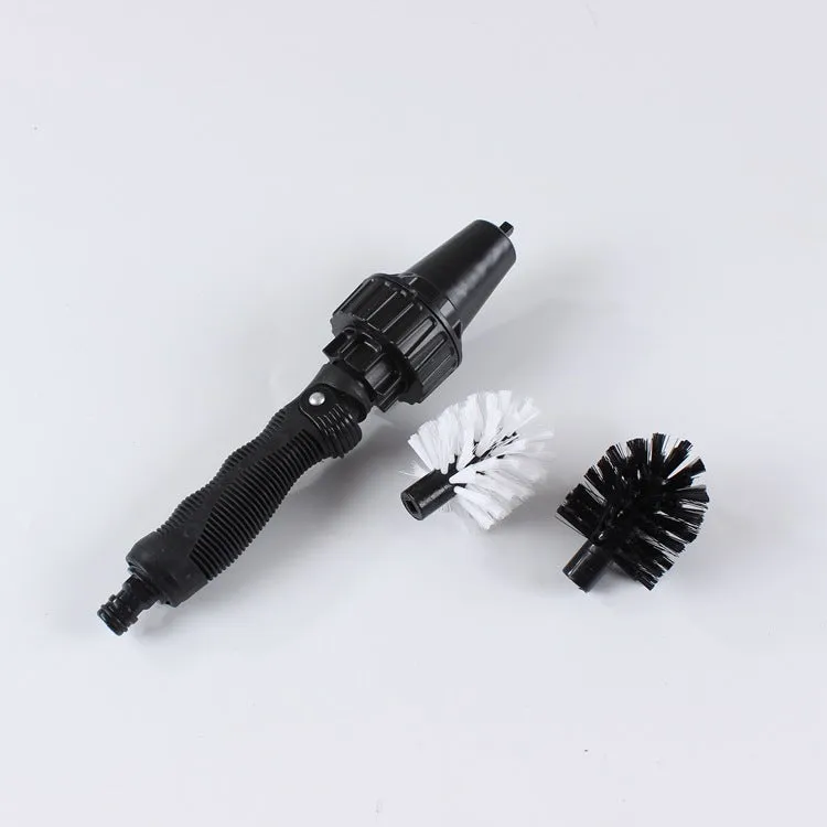 Black water-powered wheel brush 38cm long with soft and rigid brush heads connected to garden hose for tyre cleaning