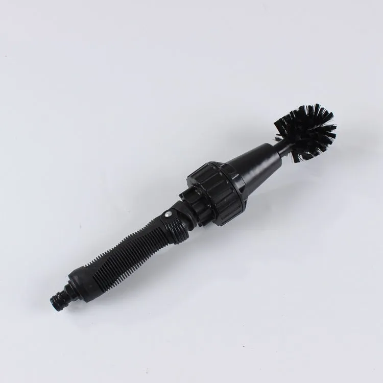 Black water-powered wheel brush 38cm long with soft and rigid brush heads connected to garden hose for tyre cleaning