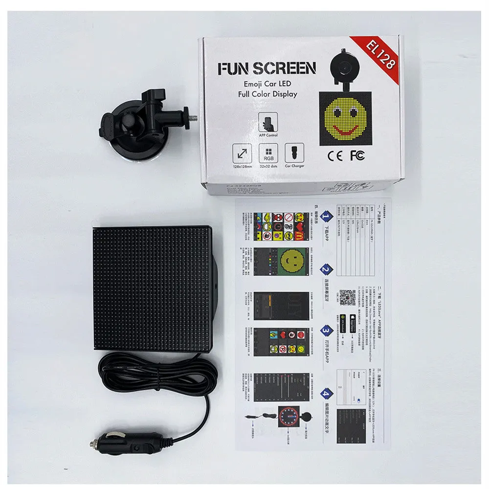 Car rear window LED expression screen with hanging installation, Bluetooth and WiFi connectivity, and power cord