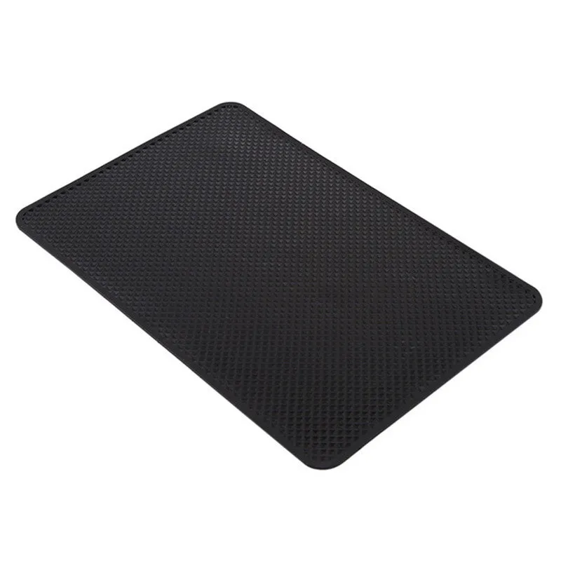 Black small mesh non-slip mat 18x13cm on car dashboard holding mobile phone and coins