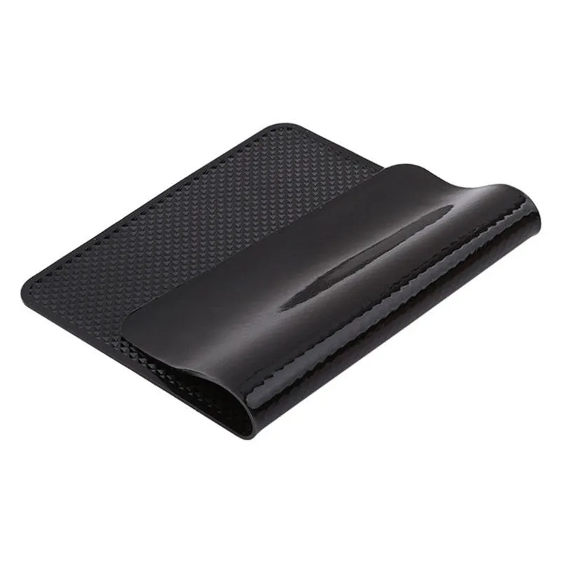 Black small mesh non-slip mat 18x13cm on car dashboard holding mobile phone and coins