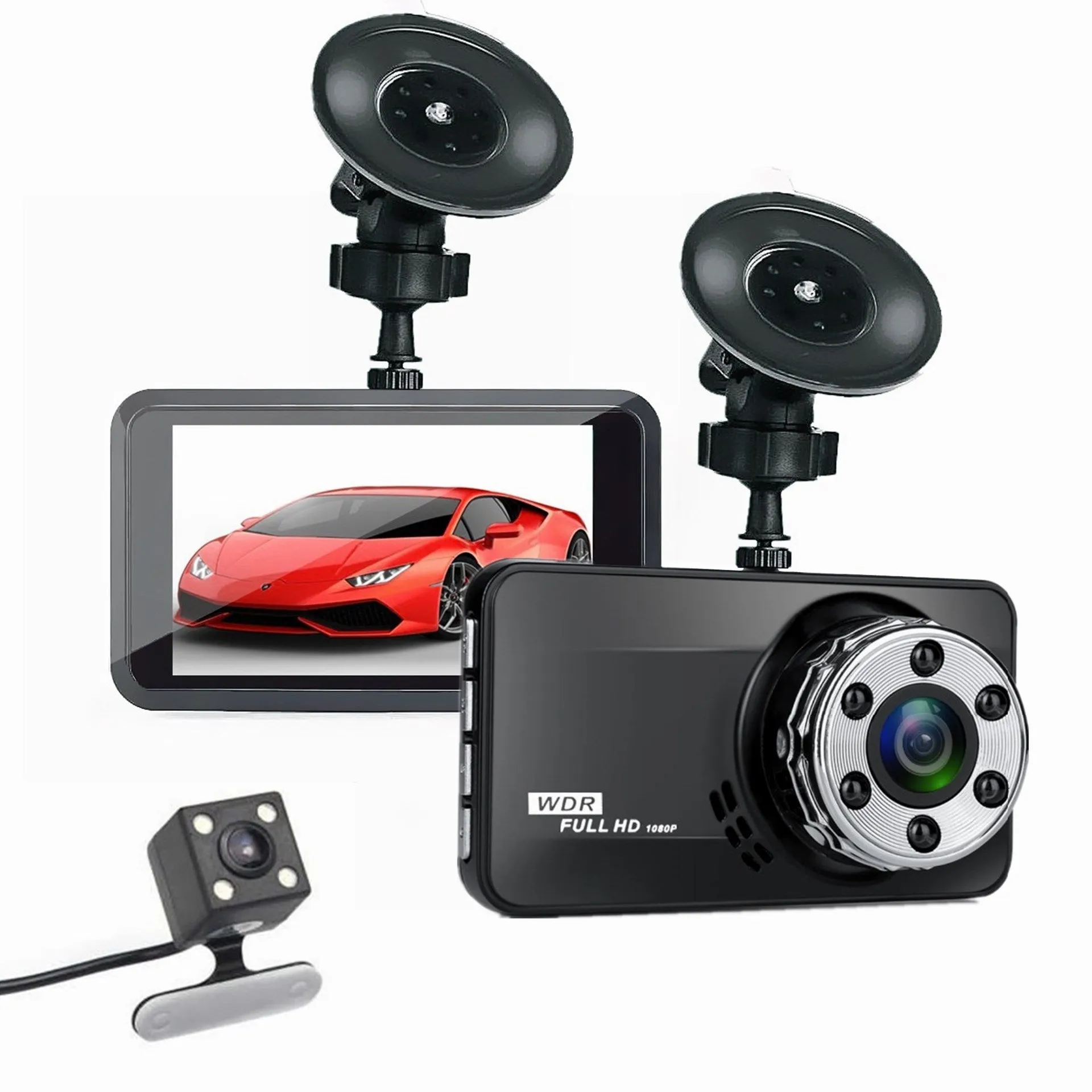 T638+ dual-lens driving recorder with 1080P HD, 170° wide angle, G-sensor, and 3.0 inch LCD screen