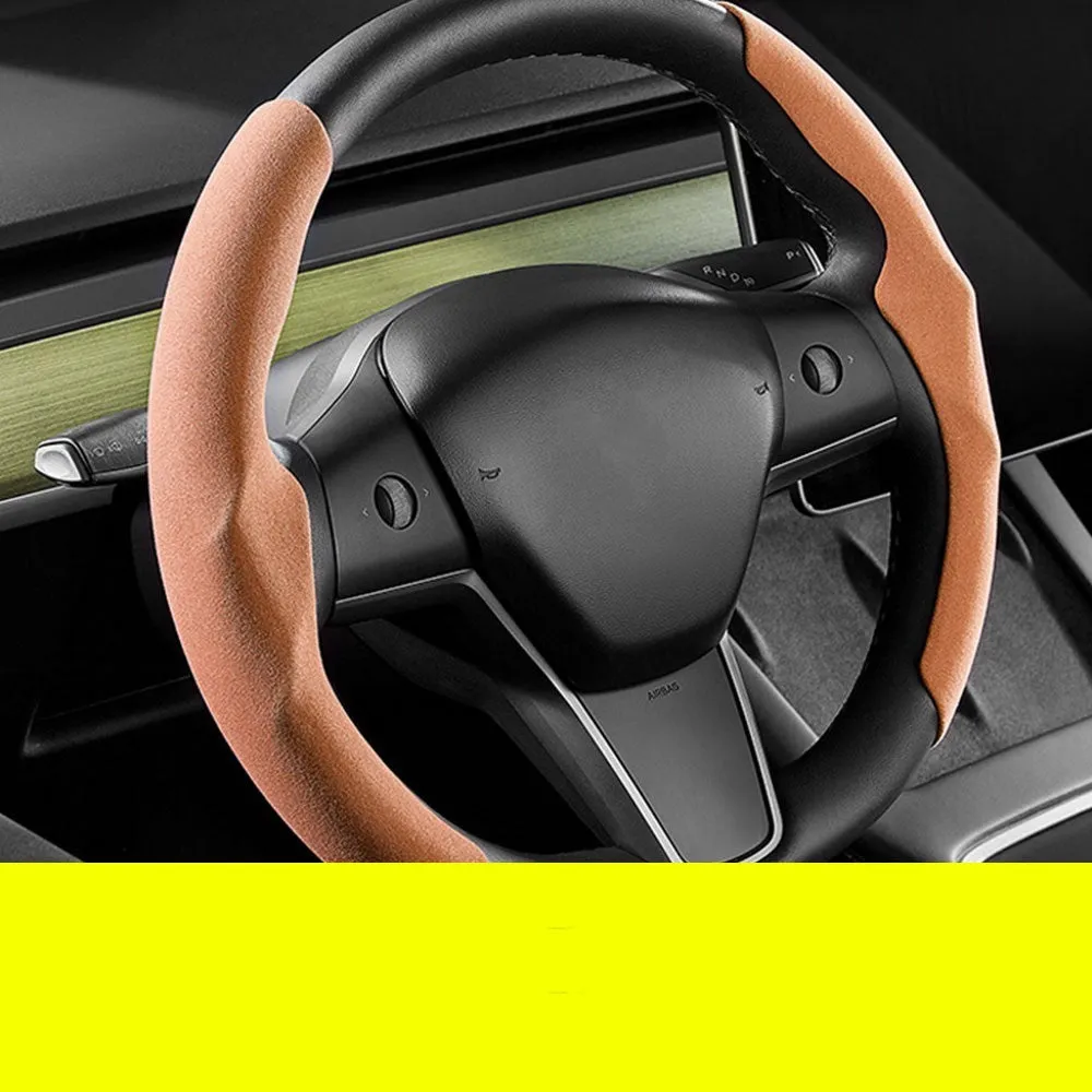 Fur anti-skid suede steering wheel cover for Tesla Model 3 and Model Y, black, two covers