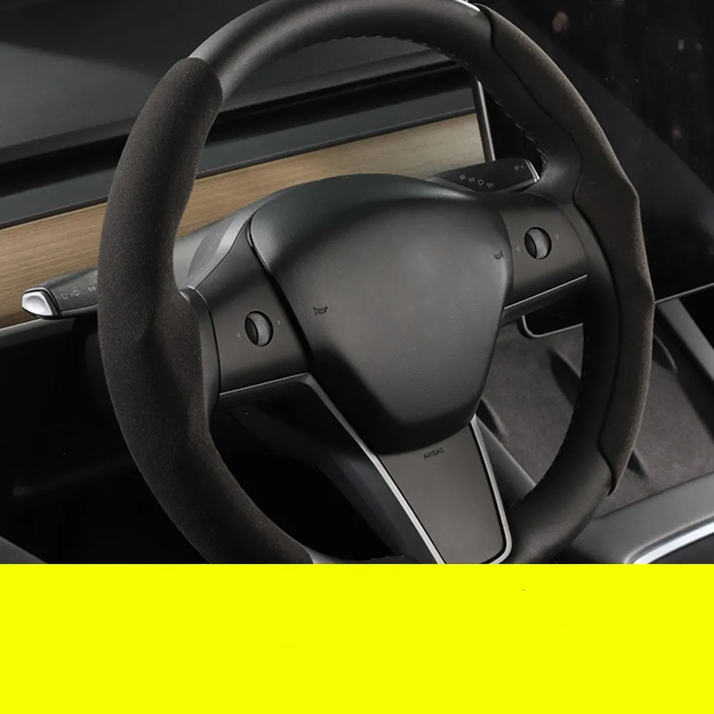 Fur anti-skid suede steering wheel cover for Tesla Model 3 and Model Y, black, two covers