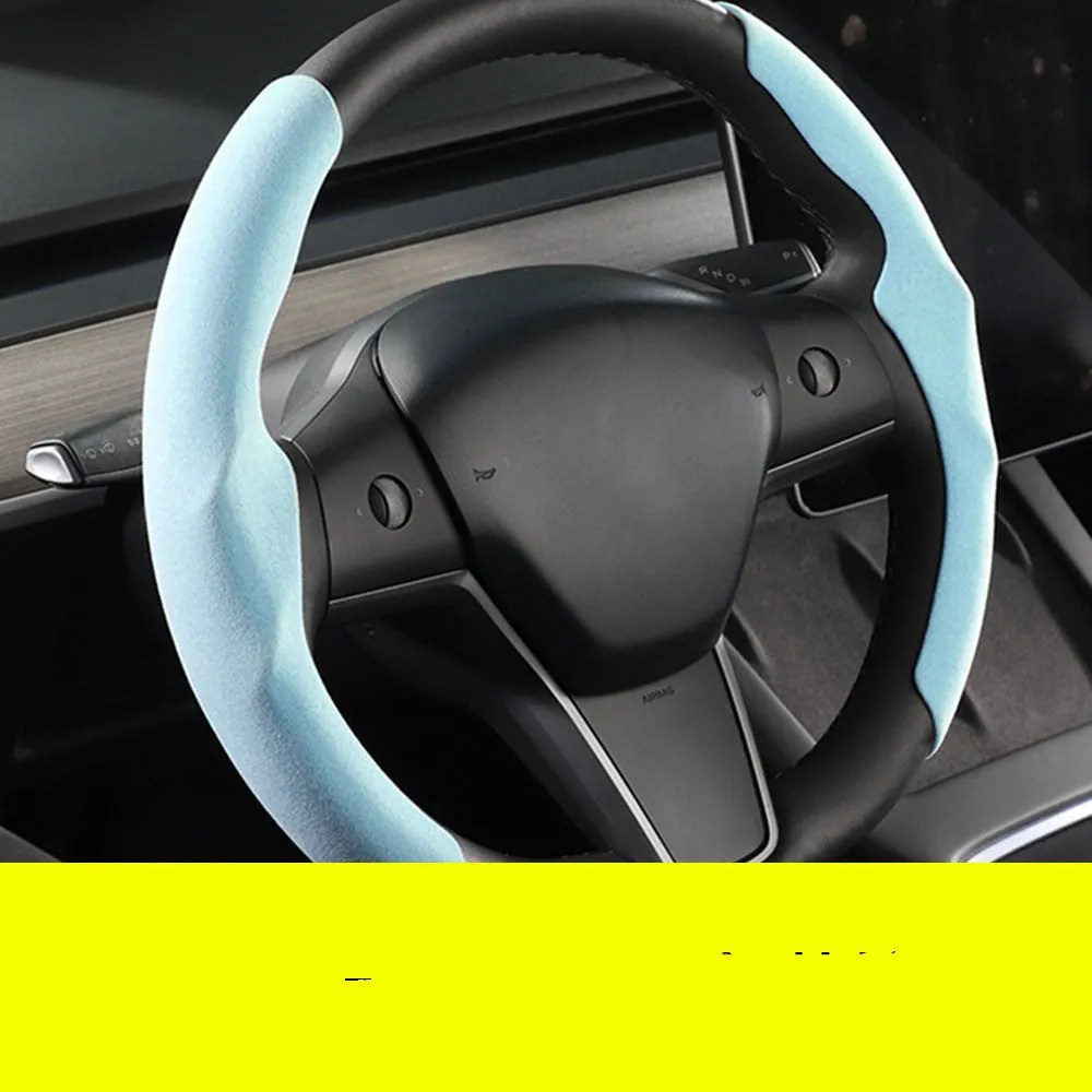 Fur anti-skid suede steering wheel cover for Tesla Model 3 and Model Y, black, two covers