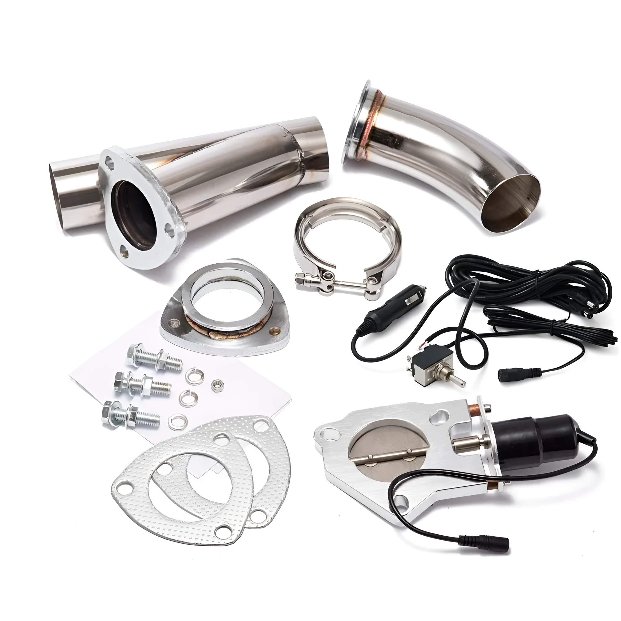 Car electronic exhaust cut-out kit with toggle switch, T-304 stainless steel piping and CNC aluminium motor