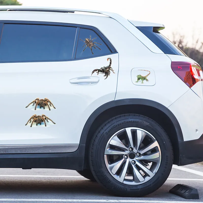 Set of four 3D transparent PVC car stickers featuring spider, gecko, scorpion, and spider designs on a vehicle panel