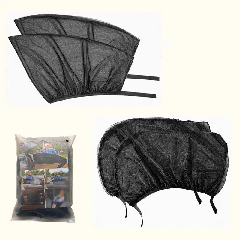 Car window cover net in stretchable elastic mesh for sun shade and anti-mosquito use, fitting front and rear windows