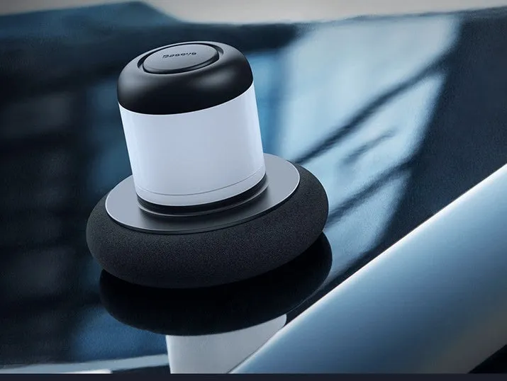 Dual-action car polishing machine with 6 speed settings in black ABS PC body with sponge pad attached