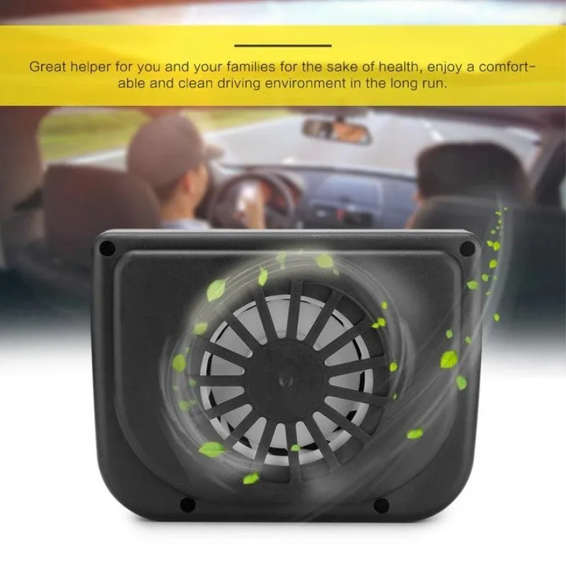 Auto-cool solar powered car exhaust fan with ABS housing, 15 x 11 x 6 cm, fits car window