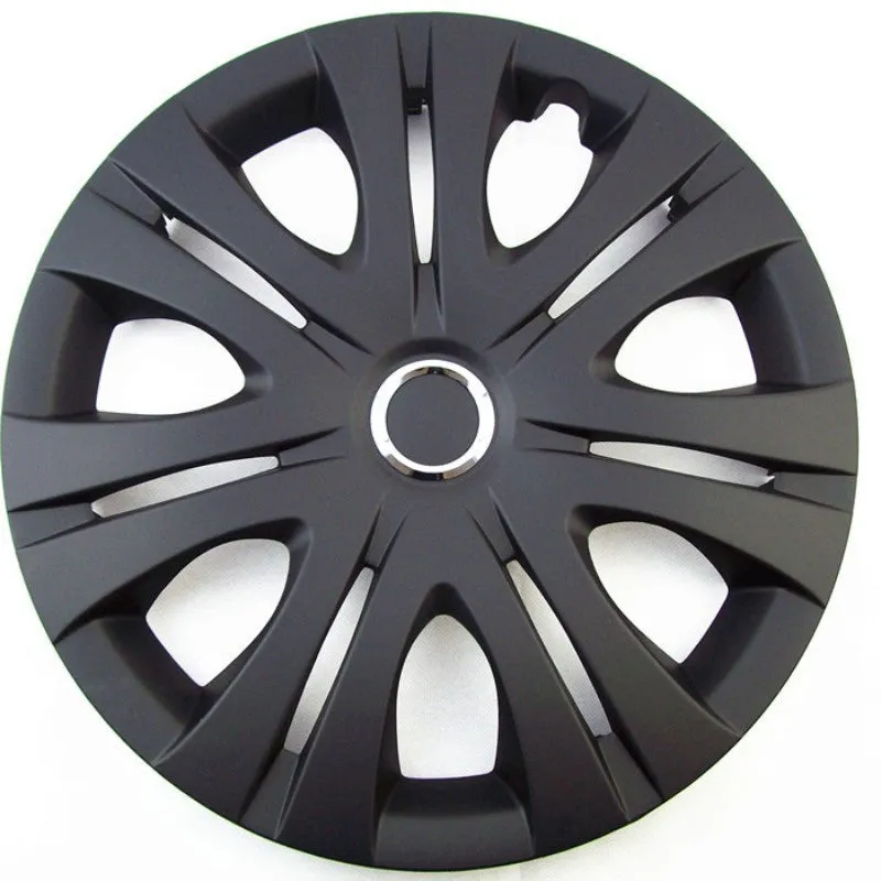 Universal monochrome ABS plastic wheel hub cover in silver, black, and electroplated finishes for 13 to 16 inch wheels.