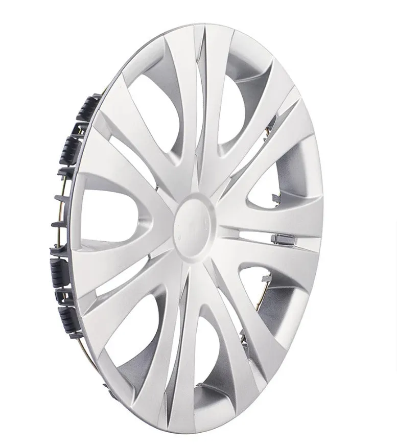 Universal monochrome ABS plastic wheel hub cover in silver, black, and electroplated finishes for 13 to 16 inch wheels.