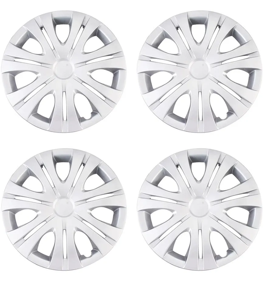 Universal monochrome ABS plastic wheel hub cover in silver, black, and electroplated finishes for 13 to 16 inch wheels.