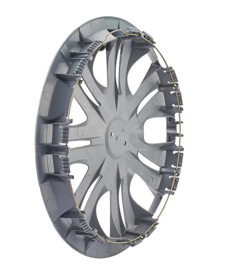 Universal monochrome ABS plastic wheel hub cover in silver, black, and electroplated finishes for 13 to 16 inch wheels.