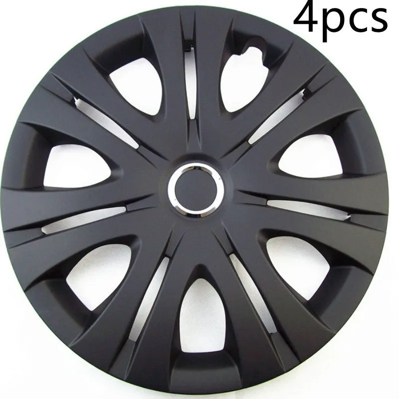 Universal monochrome ABS plastic wheel hub cover in silver, black, and electroplated finishes for 13 to 16 inch wheels.