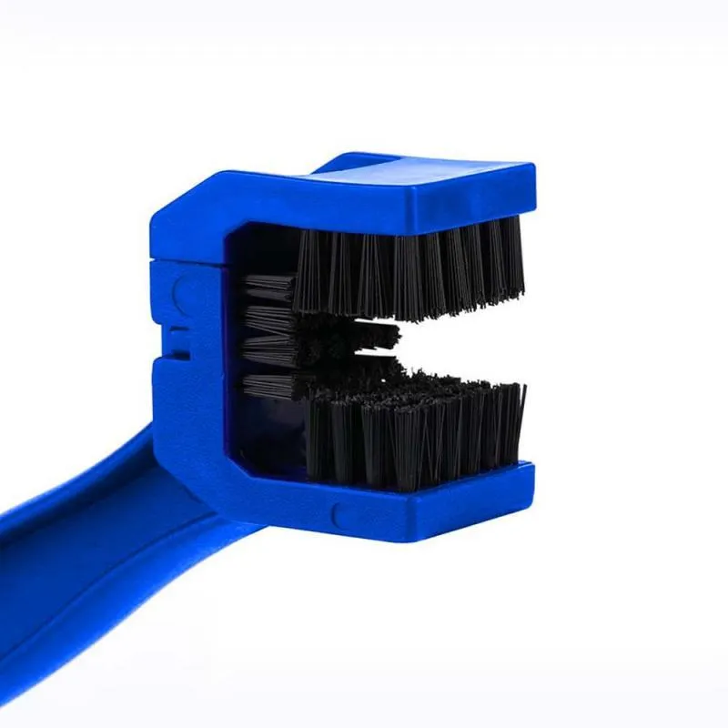 Blue plastic steel bicycle and motorcycle chain brush with compact bristle head