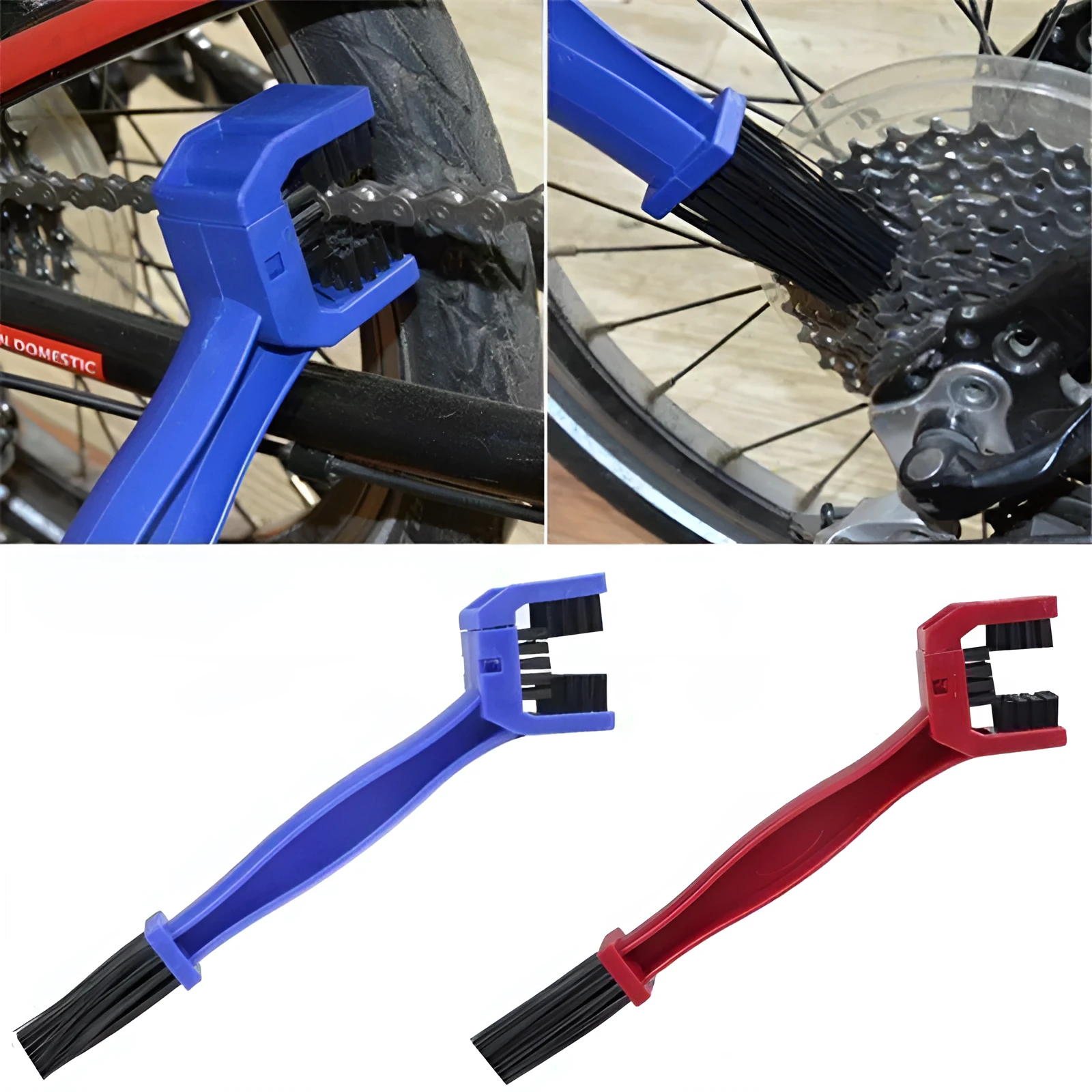 Blue plastic steel bicycle and motorcycle chain brush with compact bristle head