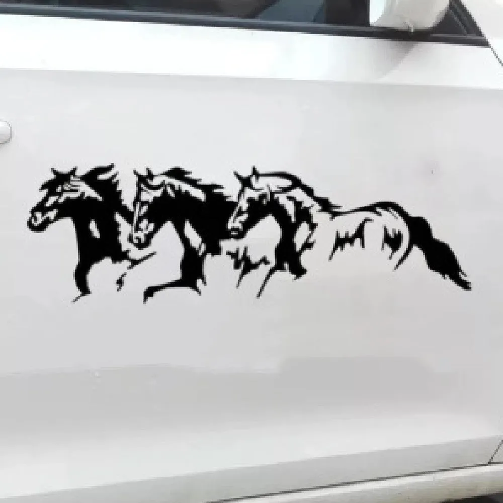 Three Horses design vinyl car sticker measuring 25 by 8 cm in black, white, red, and blue colour options.