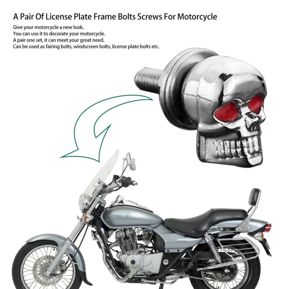Pair of silver metal skull decorative bolts for motorcycle car fairing windshield license plate