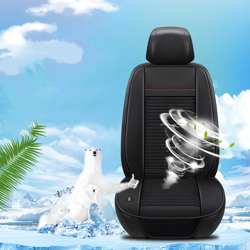 Black single seat ice silk blowing and cooling car cushion with ventilation controls for 12V 24V vehicles