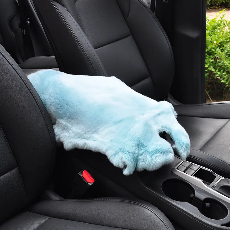 Rex rabbit fur car armrest cushion on center armrest box, beige colour, soft plush texture