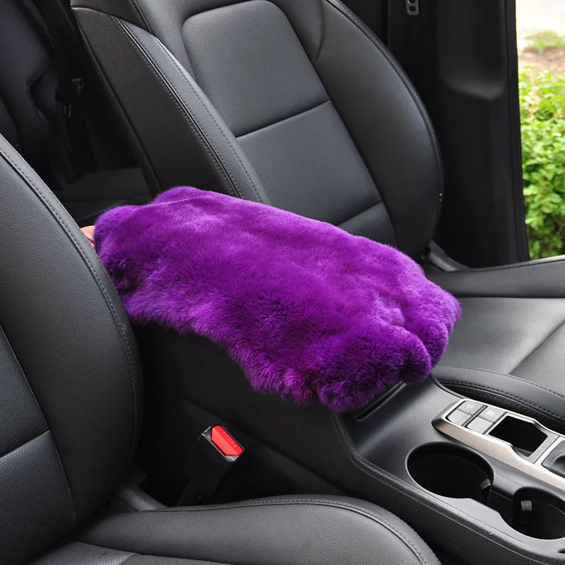 Rex rabbit fur car armrest cushion on center armrest box, beige colour, soft plush texture