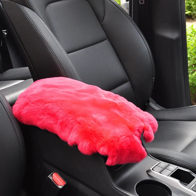 Rex rabbit fur car armrest cushion on center armrest box, beige colour, soft plush texture