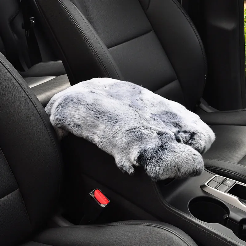 Rex rabbit fur car armrest cushion on center armrest box, beige colour, soft plush texture