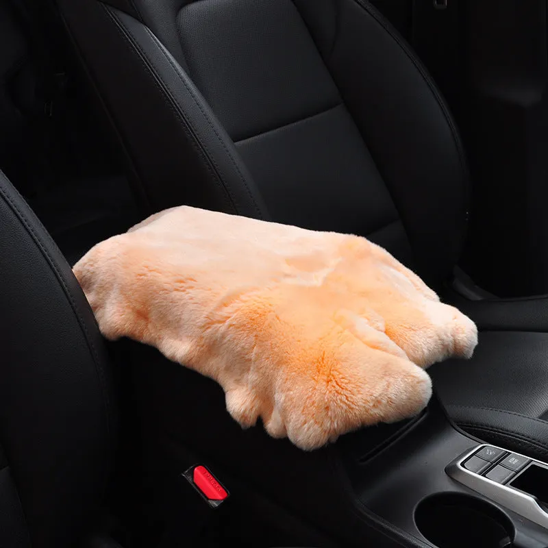 Rex rabbit fur car armrest cushion on center armrest box, beige colour, soft plush texture