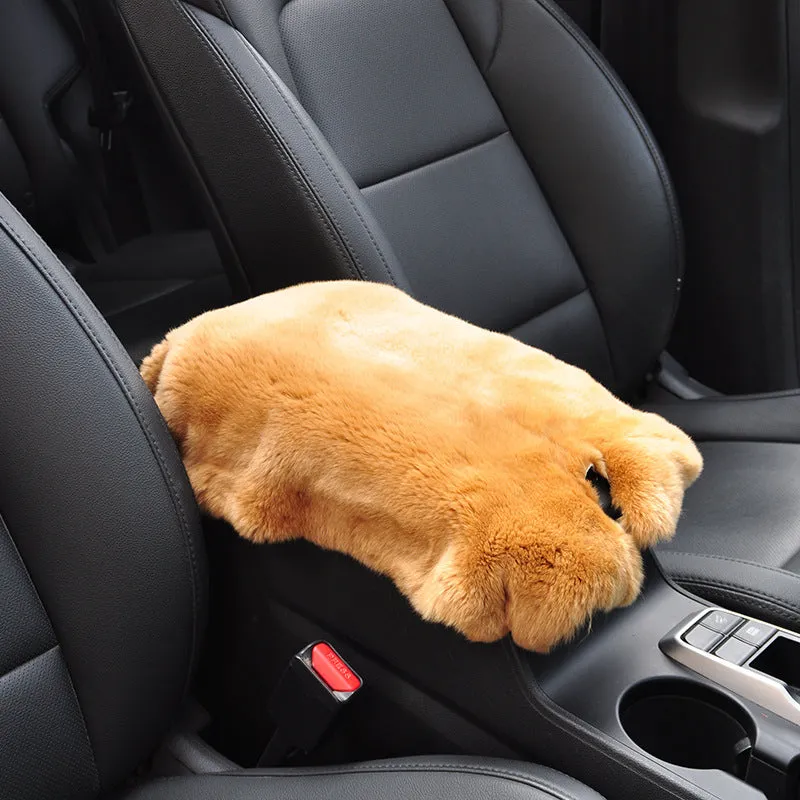 Rex rabbit fur car armrest cushion on center armrest box, beige colour, soft plush texture