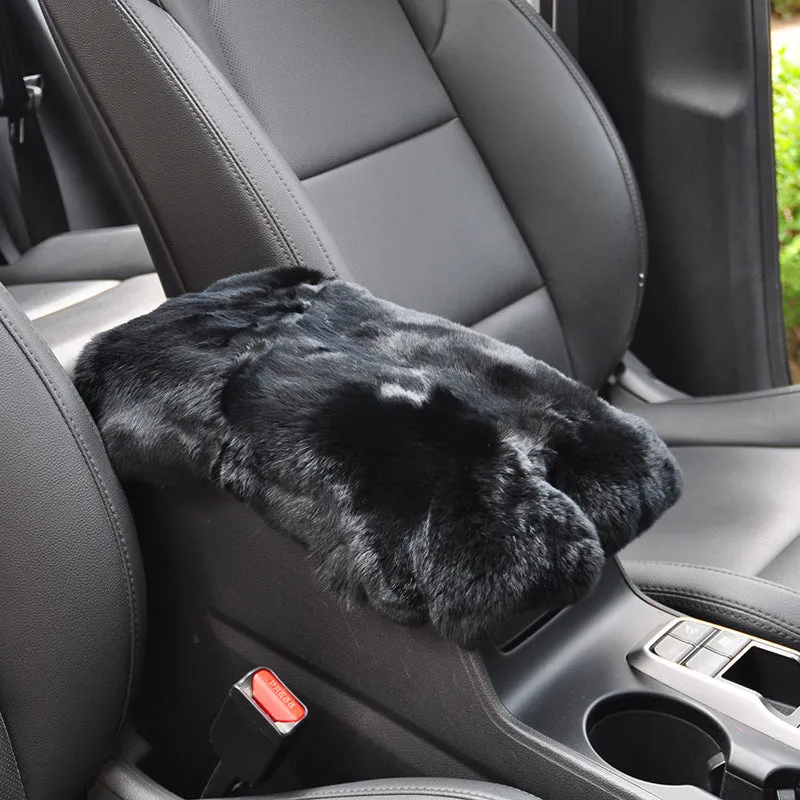Rex rabbit fur car armrest cushion on center armrest box, beige colour, soft plush texture