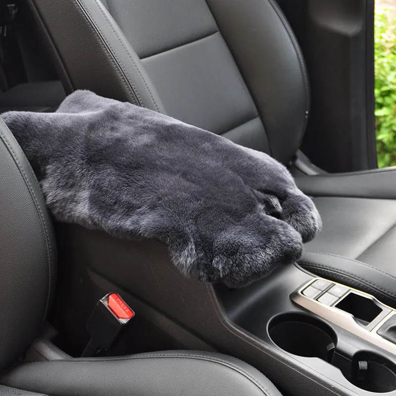 Rex rabbit fur car armrest cushion on center armrest box, beige colour, soft plush texture