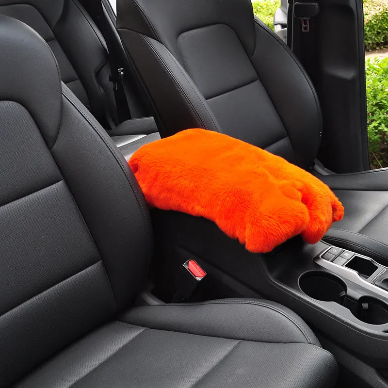 Rex rabbit fur car armrest cushion on center armrest box, beige colour, soft plush texture