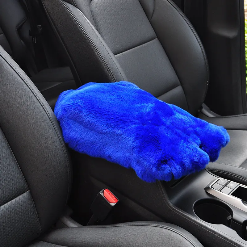 Rex rabbit fur car armrest cushion on center armrest box, beige colour, soft plush texture