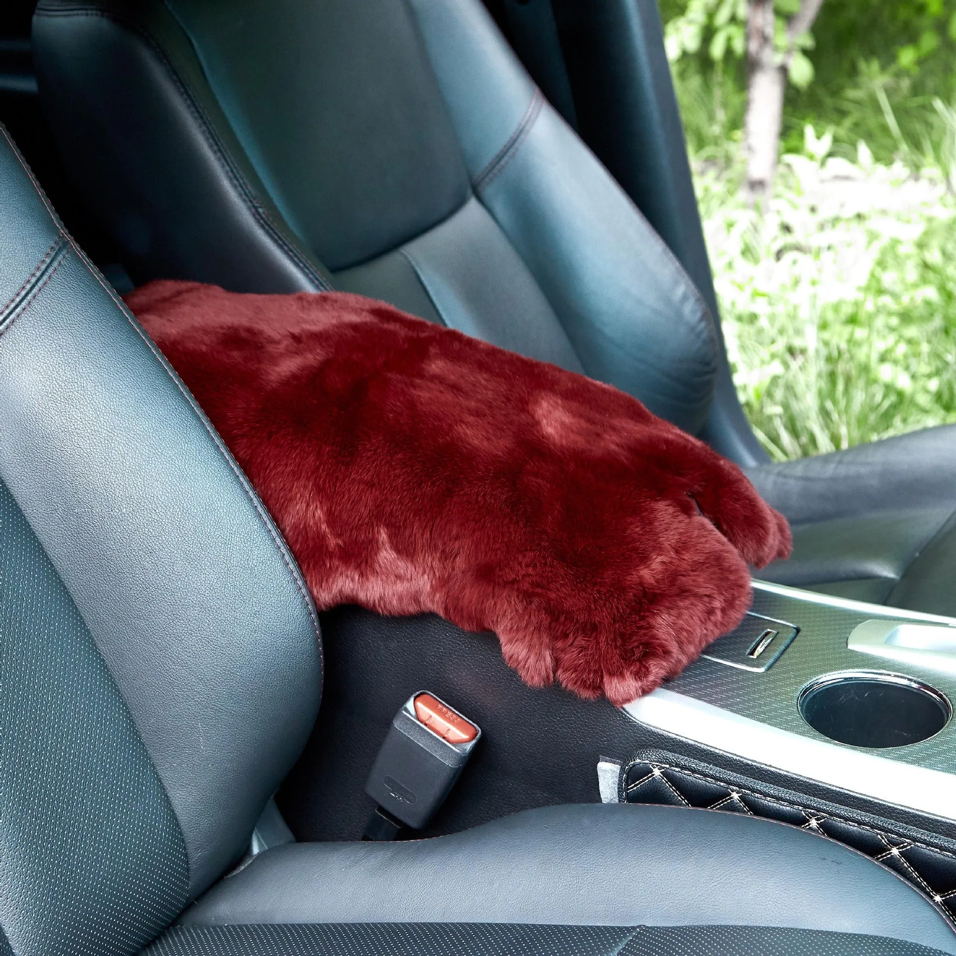 Rex rabbit fur car armrest cushion on center armrest box, beige colour, soft plush texture
