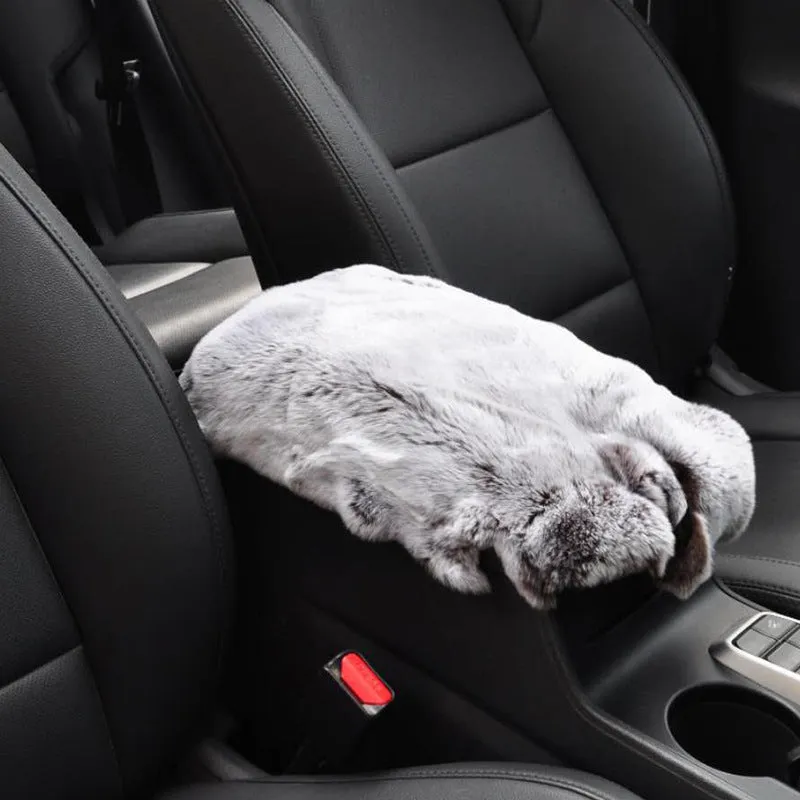 Rex rabbit fur car armrest cushion on center armrest box, beige colour, soft plush texture