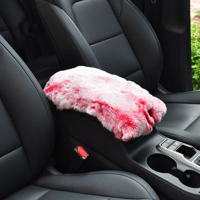 Rex rabbit fur car armrest cushion on center armrest box, beige colour, soft plush texture