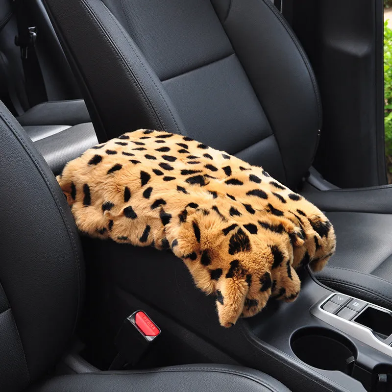 Rex rabbit fur car armrest cushion on center armrest box, beige colour, soft plush texture