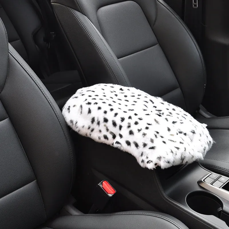 Rex rabbit fur car armrest cushion on center armrest box, beige colour, soft plush texture