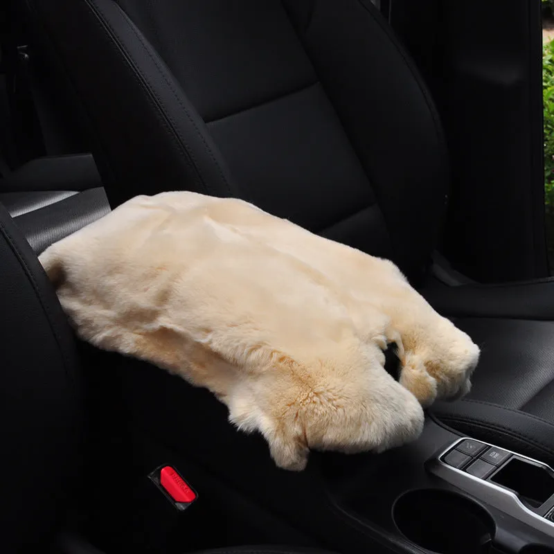 Rex rabbit fur car armrest cushion on center armrest box, beige colour, soft plush texture
