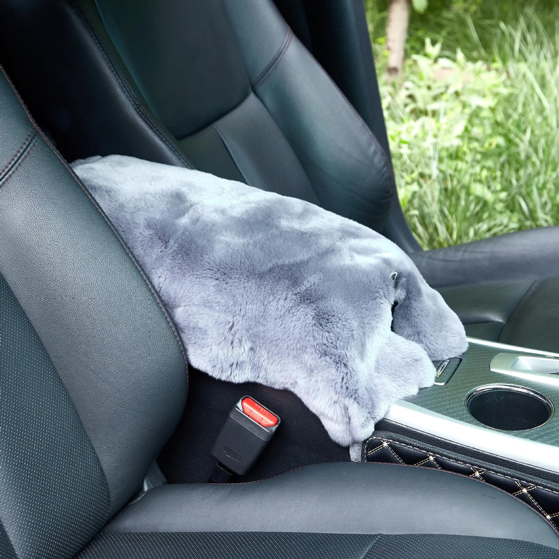 Rex rabbit fur car armrest cushion on center armrest box, beige colour, soft plush texture