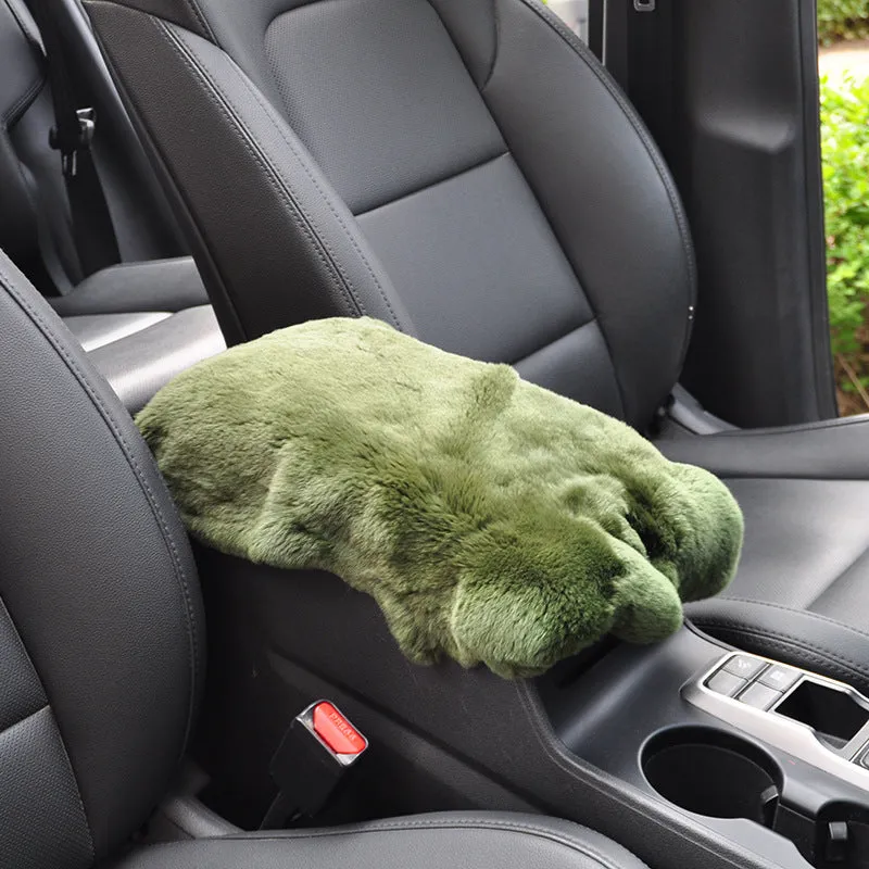 Rex rabbit fur car armrest cushion on center armrest box, beige colour, soft plush texture