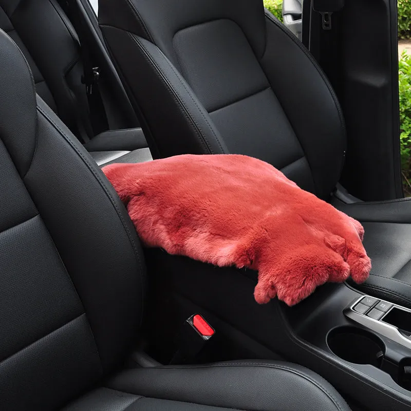 Rex rabbit fur car armrest cushion on center armrest box, beige colour, soft plush texture